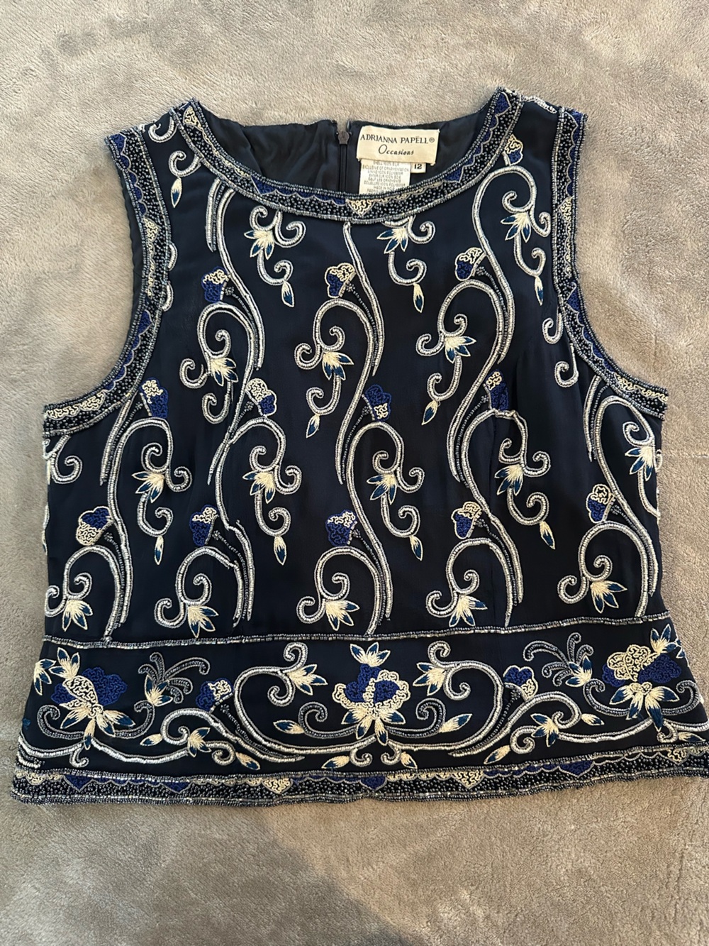 Adrianna Papell Occasions Beaded Silk Top Size 12 Black Navy